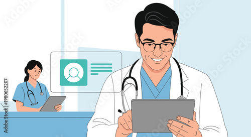 Professional male and female doctors in a modern medical clinic are using digital tablets to manage patient records and data.