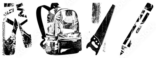 Artistic vector of school backpack, hand saw, pencil, and ballet shoes with textured halftone style, design, isolated objects for creative use.