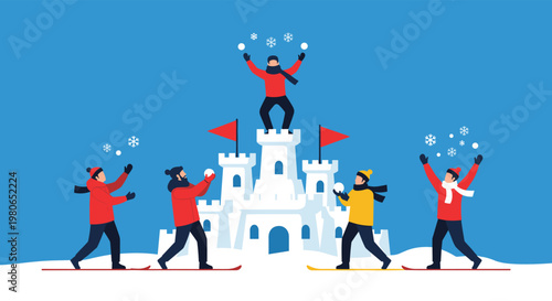 Group of people in warm winter clothing are working together to build a large impressive snow castle in a snowy winter park.