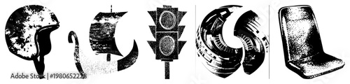Motorcycle helmet, sailboat, traffic light, mechanical gear, car seat all stylized in gritty halftone, flat vector design, isolated foreground elements.