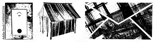 Stylized graphic compositions with halftone textures, geometric shapes, and isolated elements includes abstract panel, rustic shed, and fragmented design.