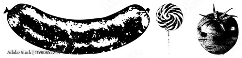Retro styled halftone food sausage, lollipop, tomato. Classic black and white print aesthetic. Sweet and savory treats rendered in dot.