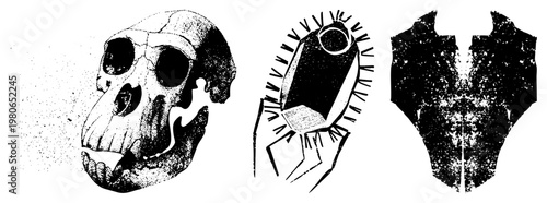 primate skull, stylized microbe with radiating, symmetrical abstract silhouette all in halftone dot, vector flat graphic.
