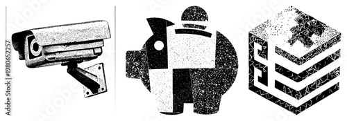 Security camera surveillance, piggy bank savings symbol, blockchain cube digital ledger, halftone vector graphics, black and white, financial security, crypto assets.