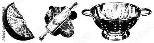 Rolling pin on dough, colander with holes, citrus wedge classic kitchen tools rendered in high contrast vector style. Ideal for culinary design, recipe apps, or retro food branding.