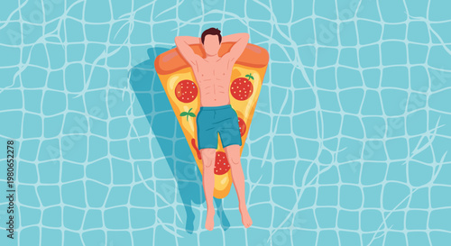 Young man relaxes on a large pizza slice pool float while drifting in clear blue water on a bright summer day, enjoying the warm weather.