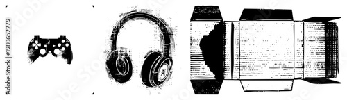 Gaming controller with buttons, over ear headphones with earcups, camera box unfold, all in halftone vector design, isolated digital.
