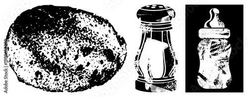 Rough textured stone, classic salt shaker, baby bottle all rendered in halftone vector style with gritty texture, ideal for graphic design or print.