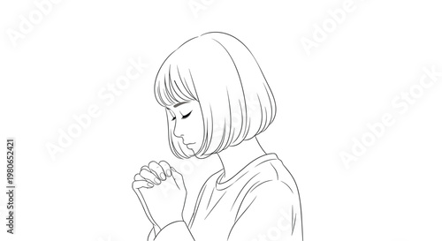 Minimalist line art illustration of a young woman with short hair closing her eyes and holding her hands together in a prayer or meditation.