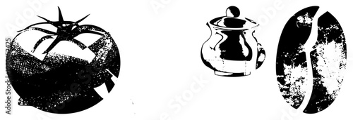 Stylized tea kettle with lid and handle, coffee bean with split seam, tomato with stem all in halftone gritty texture, isolated vector art.