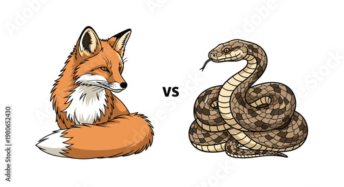 Educational illustration shows a comparison between a red fox and a coiled snake, labeled with vs to represent a nature battle.