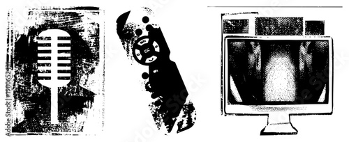 Retro microphone, TV remote, computer monitor, halftone graphic, vector, black and white, broadcast equipment, devices, stylized tech.