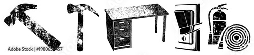 Grunge style hammer, claw hammer, desk, door lock, fire extinguisher classic tools and office items rendered in gritty halftone vector art.