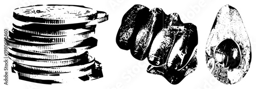Halftone vector illustrations of money stack, clenched fist, and avocado half, rendered in high contrast black and white with gritty texture and bold.