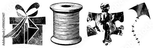 Black and white halftone vector gift box with bow, spool of thread, child in puzzle silhouette, diamond kite. Isolated flat graphic elements for design use.