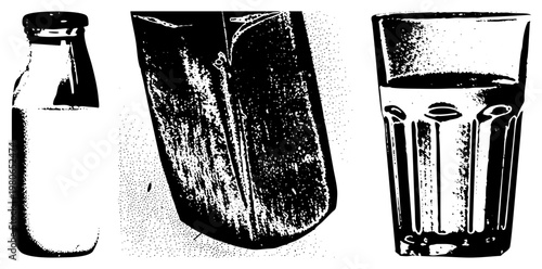 Retro halftone vector illustrations of dairy packaging and drinking vessel, milk carton, glass bottle, ribbed tumbler, classic beverage containers, black and white graphic design.