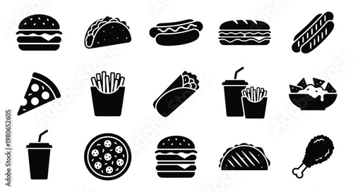 Fast food icon set with 15 black vector silhouettes, junk food meal collection including burger, pizza, and taco, takeout restaurant menu graphics