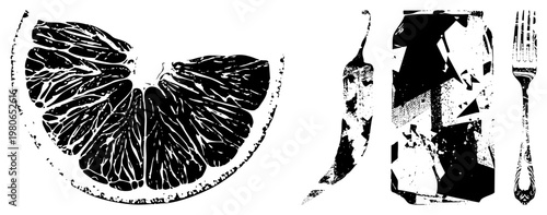 Black and white vector illustration of citrus wedge, hot pepper, beverage can, and fork with halftone texture, graphic design elements, food set.