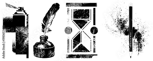 Spray can, quill pen, hourglass, pencil retro tools rendered in halftone texture, vector graphic, isolated design elements for branding or use.