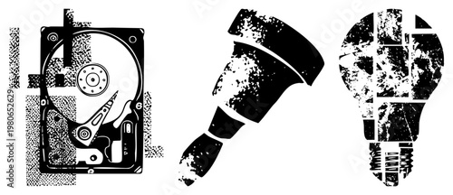 Tech representing storage and ideas hard drive, flash drive, lightbulb, halftone texture, digital symbol, tech graphic, vector illustration.