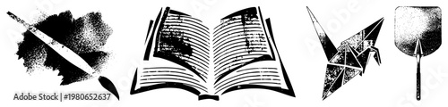 Brushstroke with ink splatter, open book with text, origami crane, and fan artistic tools, wisdom, paper folding, cultural symbols, vector.