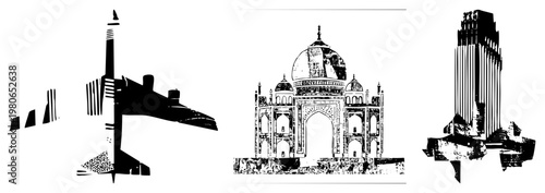 Taj Mahal, airplane, skyscraper depicted as stylized black, graphic design elements, architectural, minimalist vector art, cultural heritage symbols.
