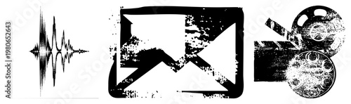 Retro cinema equipment, film reel and clapperboard, movie production tools, film industry props, textured black and white graphic.