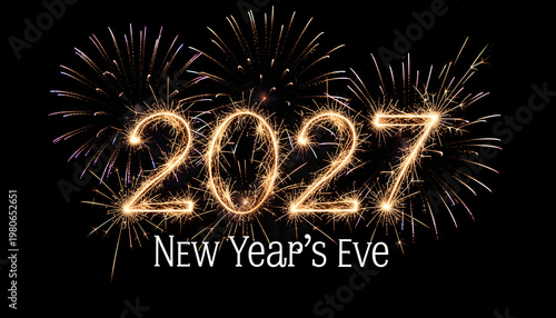 New year's, silvester, new year, celebration greeting card, new year card - Year 2027 in sparkler font and firework fireworks pyrotechnic, isolated on black night sky background