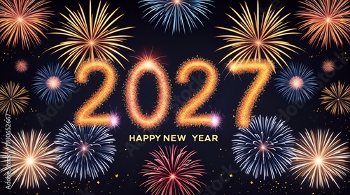 New year's, silvester, new year, celebration greeting card, new year card - Year 2027 in sparkler font and firework fireworks pyrotechnic, isolated on black night sky background