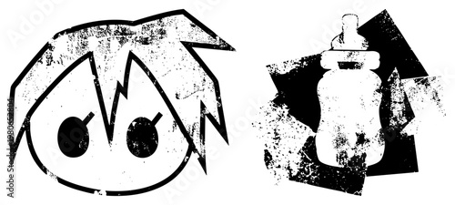 Stylized anime head with spiky hair and dot eyes, alongside a baby bottle, both rendered in gritty black and white, distressed graphic style, vector cutout.