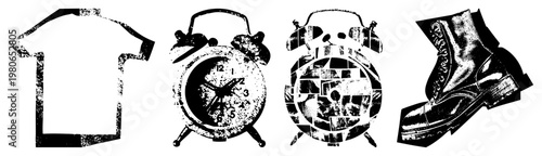 Retro alarm clocks with analog dials and skull motif, paired with classic lace up boots, rendered in gritty halftone vector art, isolated silhouettes for design use.