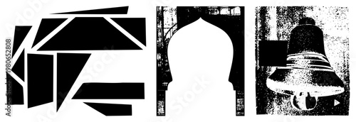 Black and white vector composition with fragmented geometric forms, doorway silhouette, and bell, rendered in halftone texture. Modern minimalist graphic elements.