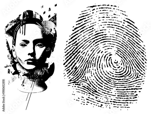 bust sculpture of a woman with intricate halftone textures, paired with a detailed fingerprint swirl, artistic biometric fusion, graphic design element.
