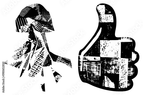 Two symbols a grunge textured thumbs up hand and an umbrella figure, rendered in high contrast halftone, ideal for social or protest art.