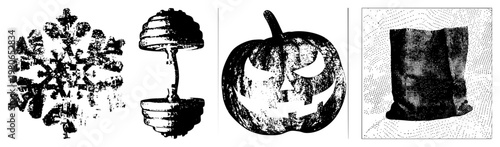 Stylized Halloween pumpkin with carved face, snowflake, dumbbell weight, and sack bag isolated vector graphics for design, flat silhouette style,, holiday themes.