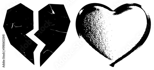 Two heart shapes, one shattered into geometric fragments, one whole with textured brushstroke fill, emotional, love and separation motifs.