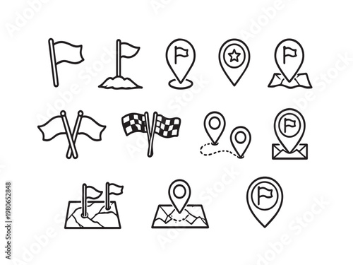 Minimal flag and location marker icons set with clean outline style ideal for maps navigation apps tracking interfaces web design and modern digital graphic layouts