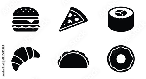 Minimalist food icon set, black solid vector silhouettes of burger pizza and sushi, fast food and bakery symbols for restaurant menus