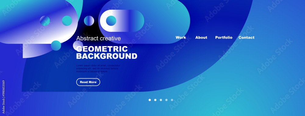 Fototapeta premium Abstract website header design. Blue gradients, geometric shapes, text elements present. Navigation menu visible, button included.