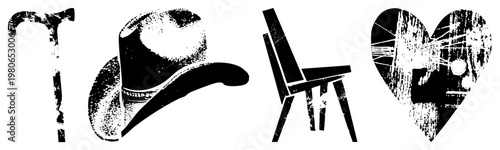 Grunge styled black silhouettes of cowboy hat, cane, chair, and camera inside heart, distressed texture, isolated vector, rustic Americana motifs.