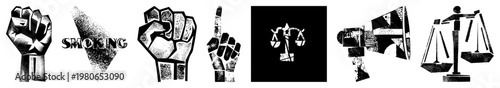 Graphic symbols including raised fists, smoking warning, megaphone, scales of justice halftone vector, protest, public health, legal system, activism signs.