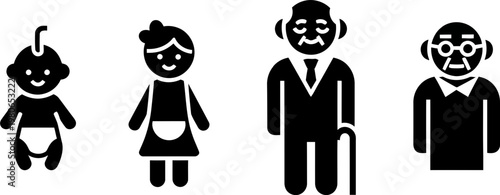 Human Life Cycle and Aging Stages Icons Set Featuring Baby Child Adult and Elderly Figures