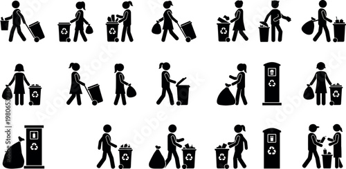 Silhouette vector icon set depicting various people throwing garbage into recycling bins and carrying heavy trash bags for environmental sustainability.