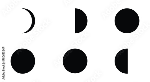 Minimalist moon phases vector icons, black lunar cycle silhouettes, celestial astronomy symbols for calendar design, set of 6 moon shapes