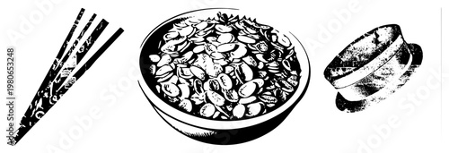 Black and white halftone illustration of peanuts in bowl, decorative chopsticks, and ceramic lid, stylized food graphic, Asian cuisine elements, vector art.
