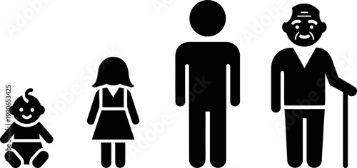 Human Life Cycle Evolution Icon Set Featuring Aging Stages from Infancy to Seniorhood