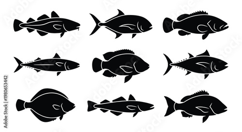 Black fish silhouettes set, 9 saltwater fish icons for seafood restaurant branding, commercial fishing species vector illustrations