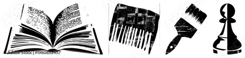 Four objects rendered in halftone style open book with text, comb with teeth, paintbrush with bristles, chess pawn piece. graphic elements with texture.