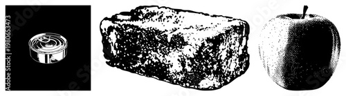 Three vector tin can with pull tab, textured brick, and dotted with stem all in black and white, isolated foreground elements with halftone shading and flat design.