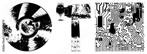 Grungy black and white vector of vinyl record, handle, and circuit board with distressed textures, isolated design elements, tech and music motifs.